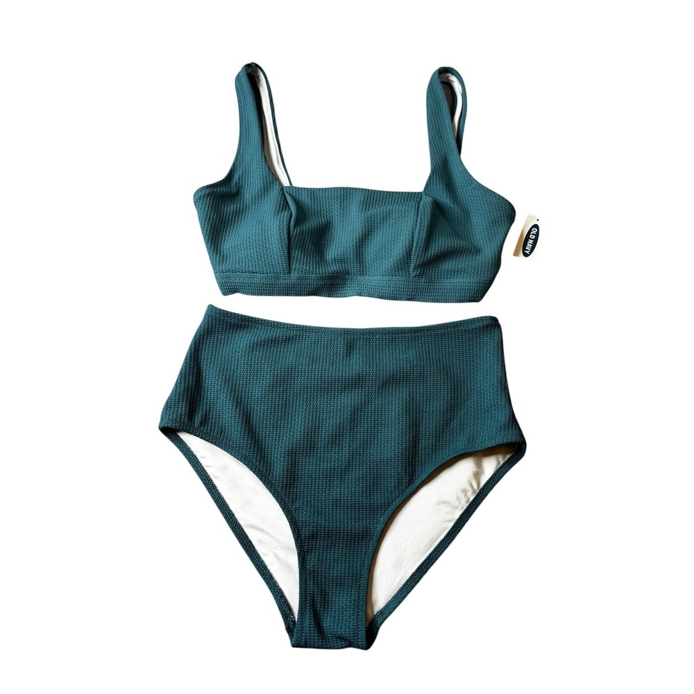 Old Navy Womens Teal Textured High Waisted Bikini Set Square Neck Medium NEW